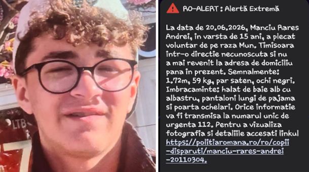 Side-by-side image: a young man with curly hair and round glasses on the left; on the right is a Romanian RO-ALERT screen with a missing-person notice text.