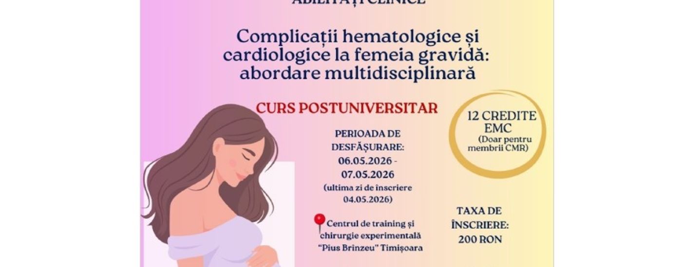 Poster for a postgraduate course on hematologic and cardiologic complications in pregnancy; shows a pregnant woman with a heart-rate line and holding her belly, logo of Victor Babeș University.