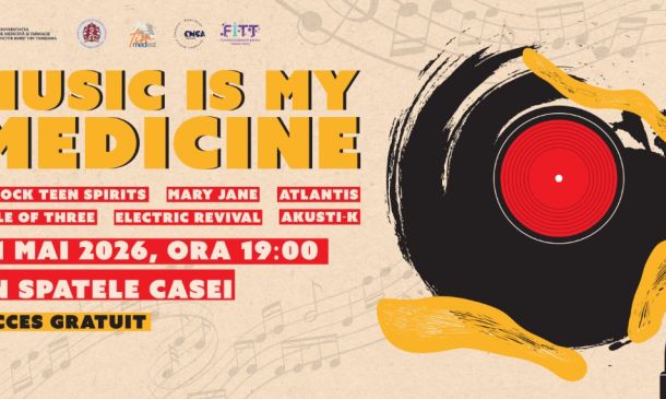 Poster for a music event titled 'Music is My Medicine' with a large vinyl record illustration and bold yellow text; lists bands and date: May 21, 2026, 19:00; free entry.