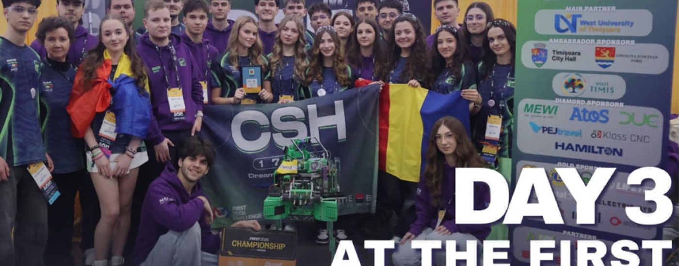 Group of students and mentors pose with a green robot and a 'CSH' banner at a robotics championship; Day 3 at the First Championship text visible.
