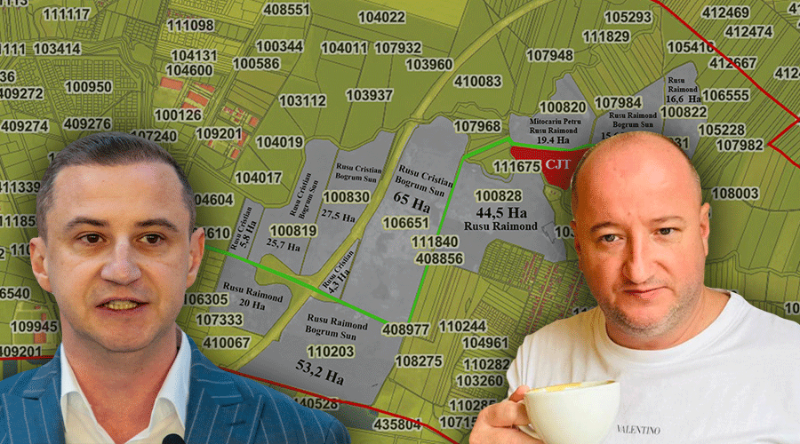 Two men in front of a detailed cadastral map with numbered parcels; one in a blue suit speaks, the other in a white shirt holds a cup.
