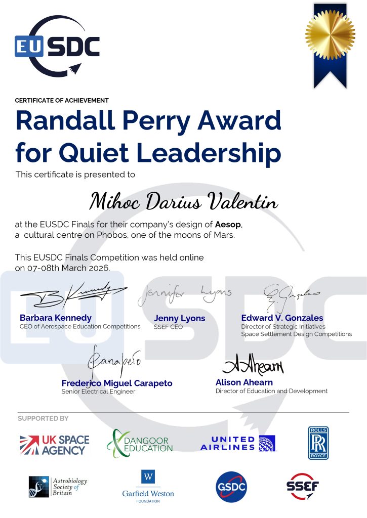 Certificate of Achievement: Randall Perry Award for Quiet Leadership presented to Mihoc Darius Valentin, with signatures and sponsor logos nearby.