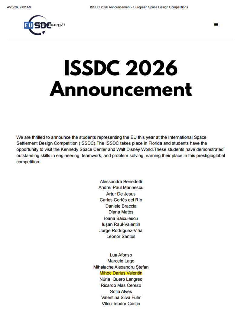 ISSDC 2026 Announcement page with logo, large title, and a vertical list of student names.