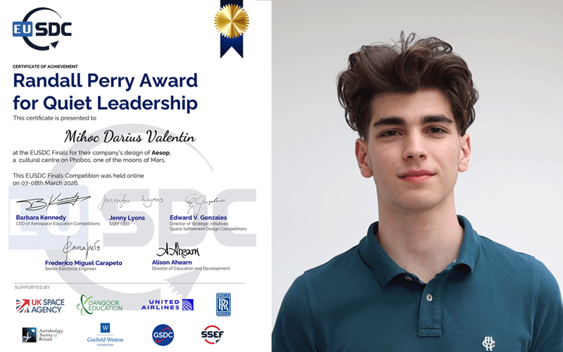 Left: Certificate of Achievement for the Randall Perry Award for Quiet Leadership, awarded to Mihoc Darius Valentin, with signatures and logos; right: smiling young man in a teal polo standing beside it.