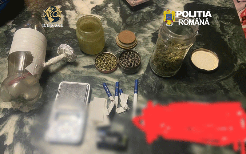 Drug paraphernalia spread on a dark marble countertop: jars with herbs, grinders, rolling papers, foil, and small containers; police logos appear in the corners, suggesting law enforcement involvement.