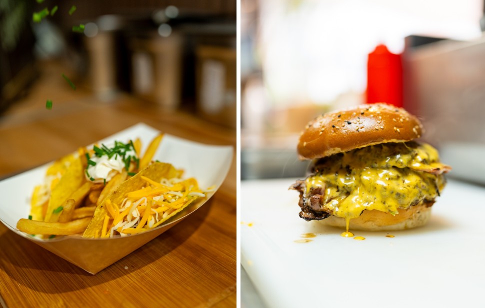 Split image: left side shows a plate of loaded nachos with melted cheese; right side shows a cheeseburger with cheddar cheese on a bun.