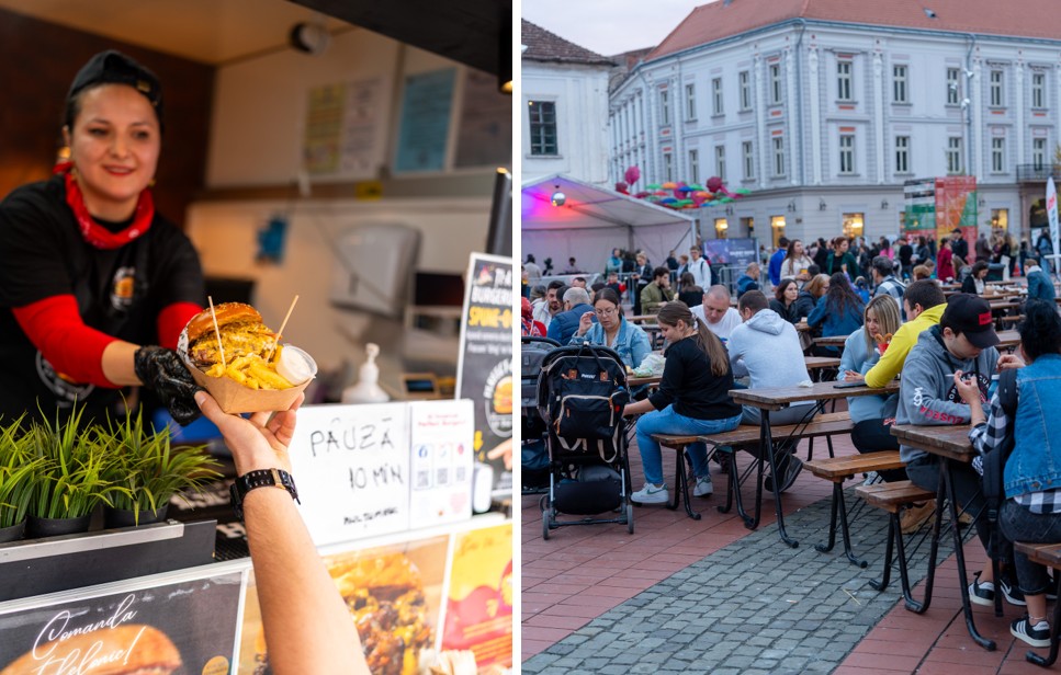 Female vendor hands a burger to a customer at a food stall; signs and potted plants visible in the background.