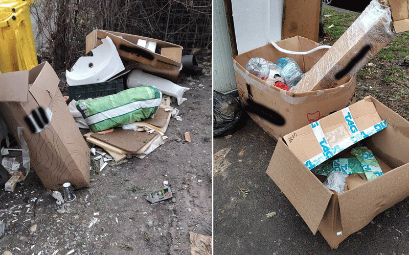 Two side-by-side outdoor scenes of junk and discarded items: left shows a pile of cardboard, broken furniture parts, a white sink, and scattered debris; right shows open boxes with packing material, bottles, and more trash.