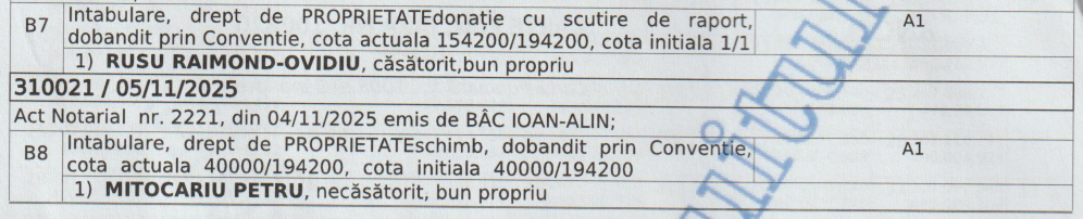 Excerpt from a Romanian notarial deed listing property rights for two owners: Rusu Raimond-Ovidiu and Mitocariu Petru, with dates 05/11/2025 and 04/11/2025.