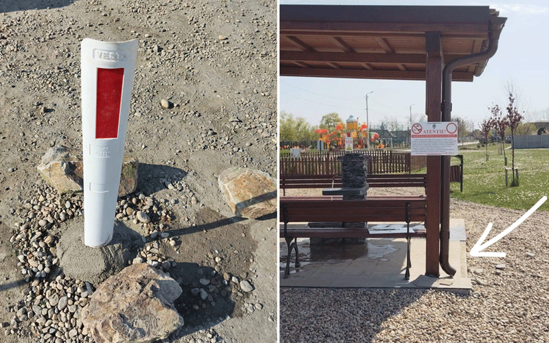 Left image shows a white cylindrical plastic stake with a red translucent window, planted in rocky soil. Right image shows a wooden park pavilion with benches and a sign, with a white arrow pointing to a concrete pedestal at the base.