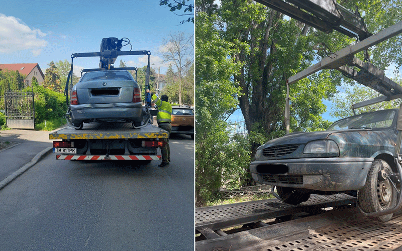 Two-side photo: a car being loaded onto a tow truck's flatbed by a worker in a neon vest, street scene in daytime (informative)