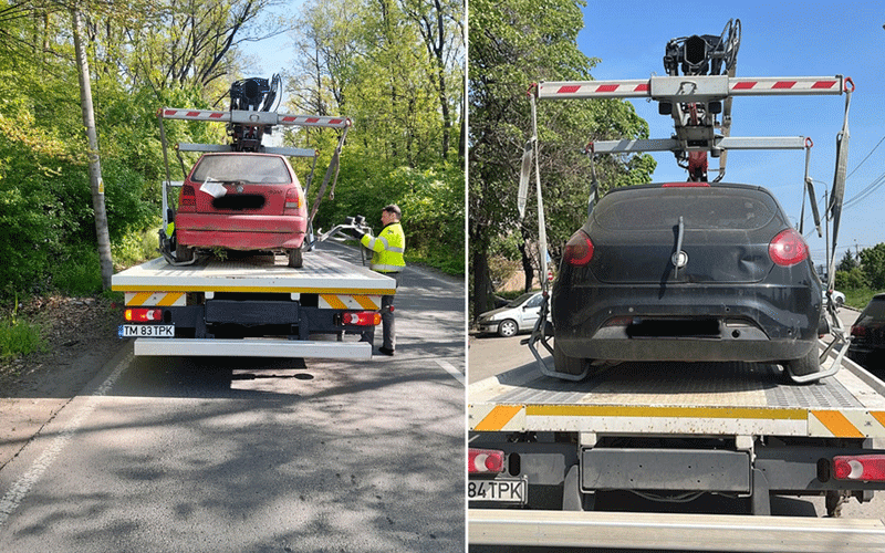 Two-panel photo of a tow truck carrying cars on a flatbed: left panel shows a red car being loaded with a worker in a high-visibility vest nearby; right panel shows a black car viewed from the rear on the bed, with the crane arm overhead.