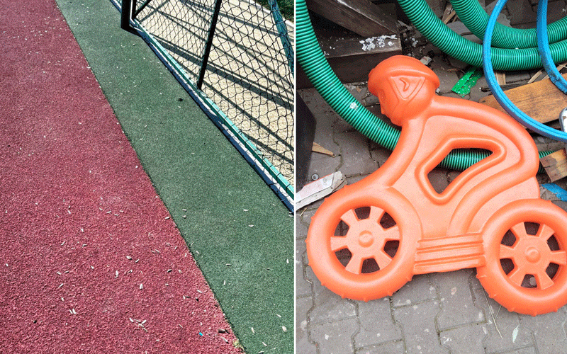 Left and right halves show two scenes: left with red and green rubber playground surface and a metal fence, right with an orange plastic ride-on toy bike and garden hoses in the background.