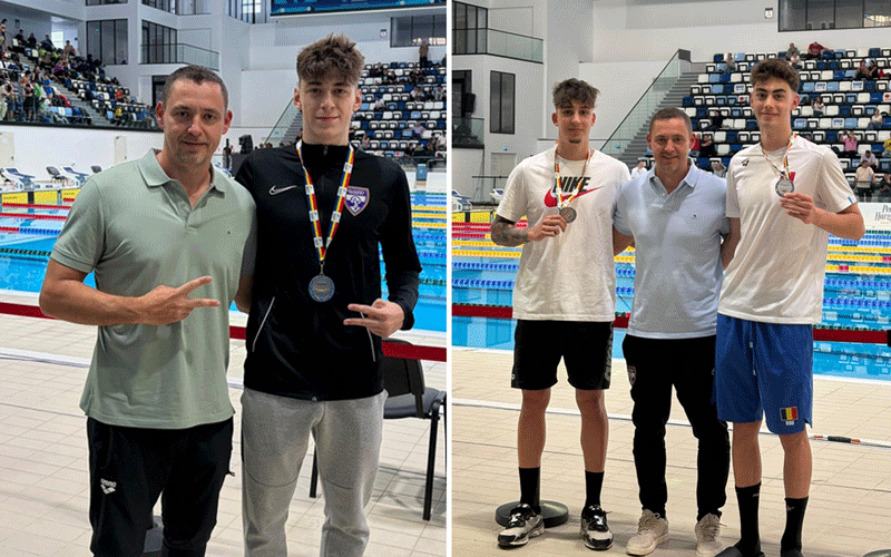 Left panel: coach and young swimmer pose by the pool with a large medal around the swimmer's neck after a race.
