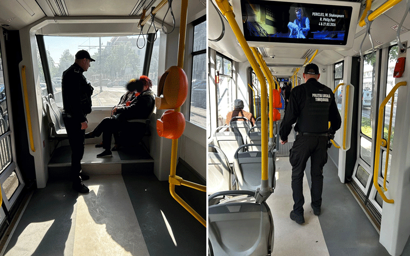 Police officer stands near a seated passenger inside a city bus, while another officer walks the aisle with riders nearby.