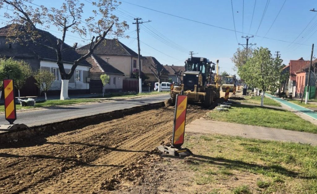 Residential street construction: a deep trench being dug with heavy machinery and orange striped barriers along the curb, in a neighborhood setting.