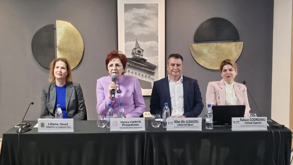 Four panelists seated at a black conference table with microphones and water bottles; a woman in a purple blazer speaks into a microphone in the center.