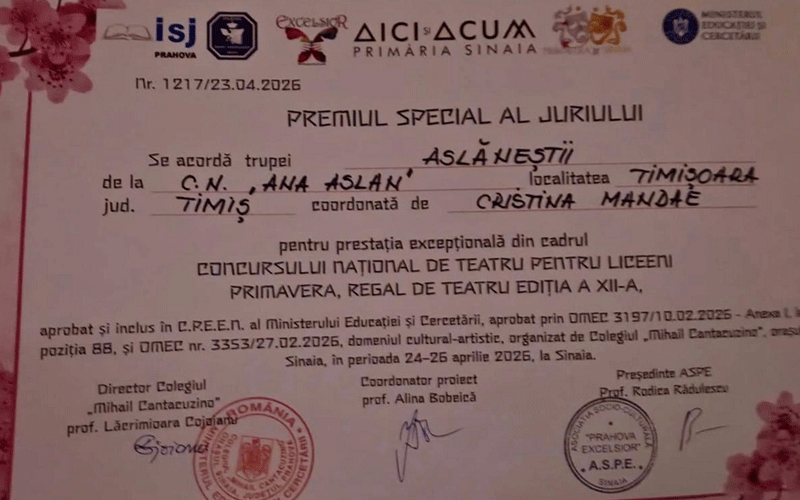 Romanian award certificate with the title 'Premiul Special al Juriului', handwritten recipient details, and official stamps and signatures, on a floral border background.