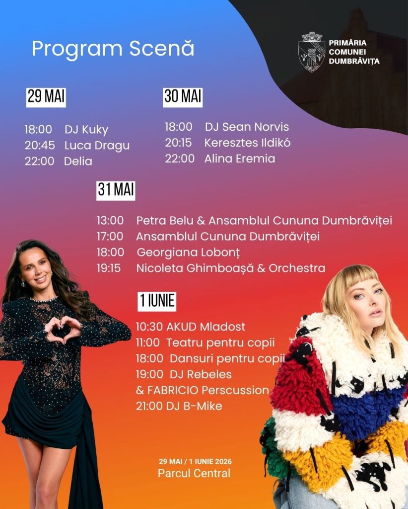 Event poster for 'Program Scenă' with daily schedules (29–31 May, 1 June) at Parcul Central, listing times and performers; two artists pictured on sides.