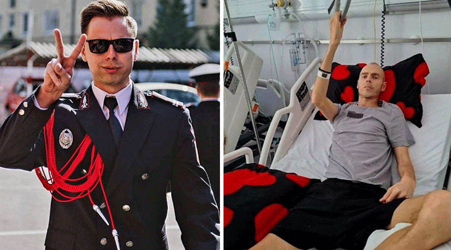 Split image: left panel shows a man in a police dress uniform making a peace/V sign outdoors; right panel shows a man in a hospital bed raising his arm, connected to IV lines.