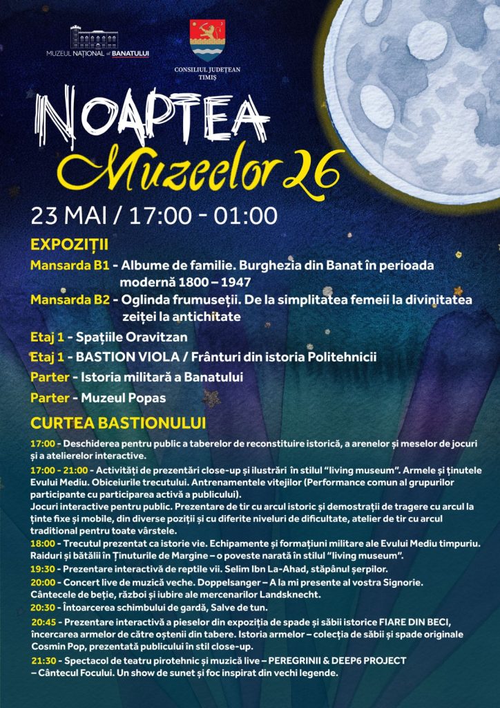 Noaptea Muzeelor - Sursa de Vest Poster for Noaptea Muzeelor 26 (23 May, 17:00–01:00) listing museum exhibits and routes (Mansarda B1–B2, Etaj 1, Parter) at Muzeul National Banatului.