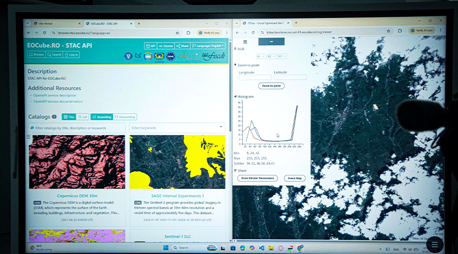 UVT-laboratoare-9 - Sursa de Vest Monitor screen with split view: left shows a GIS portal (EOcube.RO) with catalogs and image thumbnails; right shows a forest canopy image and a chart region.