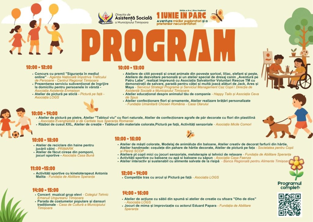 Poster for a children's program day with daily activities and timings in Romanian, featuring large 'PROGRAM' heading and illustrations of kids and nature.