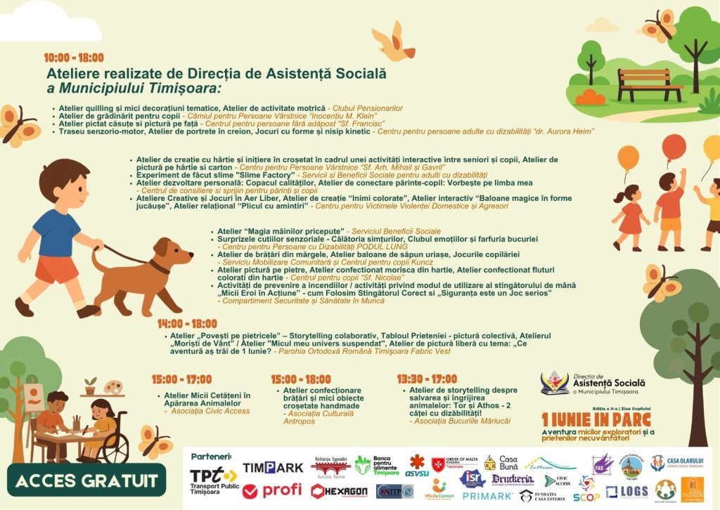 Colorful park-themed event poster for Timisoara's Social Assistance Department, listing children’s workshops and activities with illustrations of kids, a dog, butterflies, trees and a bench, plus logos at the bottom and 'ACCES GRATUIT'