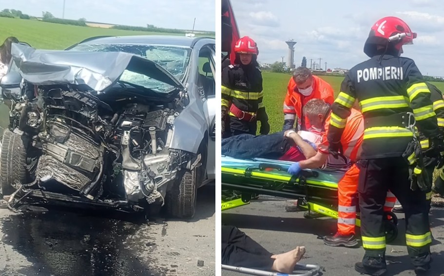 acc 2 - Sursa de Vest Split-image: a gray car with heavy front-end damage after a head-on collision on a highway; emergency responders work nearby.