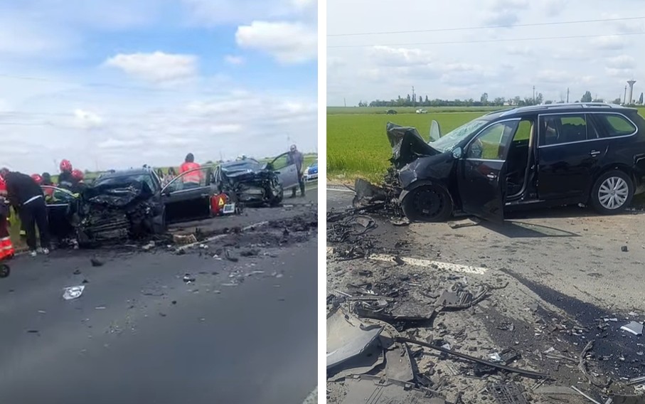 acc 3 - Sursa de Vest Two escenas side by side of a serious car crash: on the left, damaged cars on a highway with responders and bystanders; on the right, a black SUV with front-end destruction and debris scattered on the road.