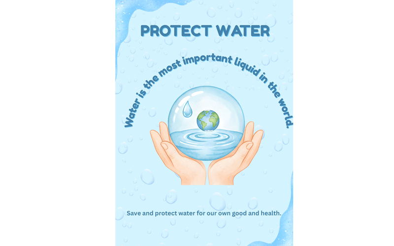 Hands cup a glass globe with Earth inside and water ripples on a blue poster reading 'Protect Water'. The image emphasizes protecting Earth's water resources.