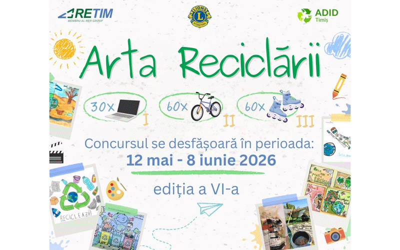 Poster promoting recycling art contest 'Arta Reciclării' with logos (ARETIM, Lions Club, ADID Timiș); dates 12 mai – 8 iunie 2026; collage of recycled-art drawings and icons around the edges.