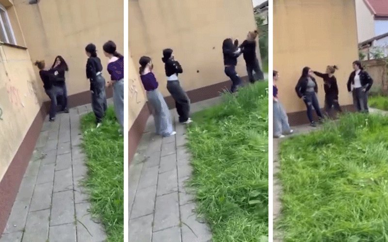 Group of teenagers arguing and restraining someone along a narrow path beside a yellow wall; a three-panel sequence showing a confrontation.