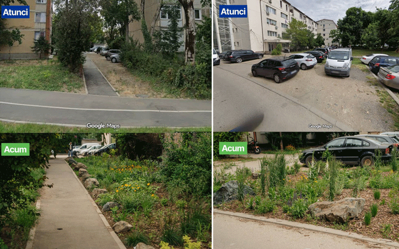 Then: tree-lined walkway and residential street seen from a sidewalk, via Google Maps label Atunci (Before) thumbnail Top-left panel