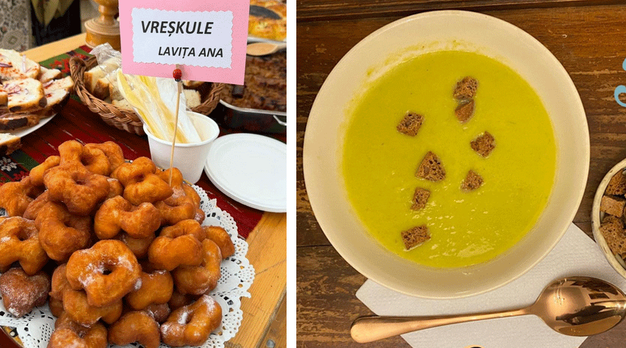 Left: plate of fried doughnut holes with a pink sign reading 'VREŠKULE LAVITA ANA'; right: bowl of green soup with croutons on a wooden table.