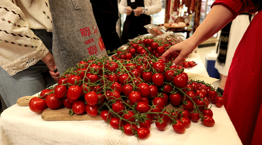 Pile of bright red cherry tomatoes on vine arranged on a cutting board at a market table, with people nearby