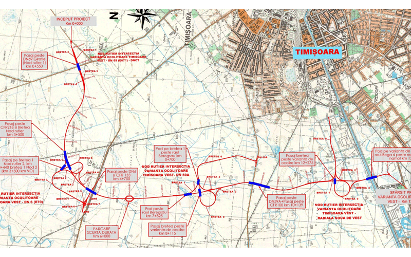 Detailed map showing a blue transportation route looping around Timișoara, Romania, with red waypoints and labeled road segments.