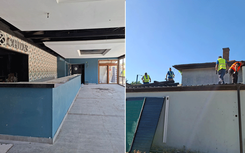 Split view of a construction site: left shows an empty indoor hallway with a blue bar counter and teal walls, right shows workers in safety vests on a roof under clear sky.