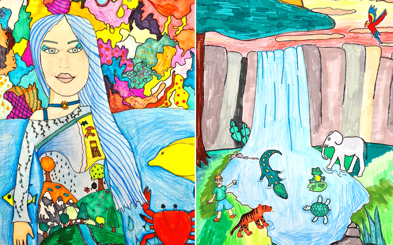Two-panel illustration: left shows a woman with long blue hair among bright, abstract shapes; right shows a waterfall with rocks, animals, and a child near a pond.