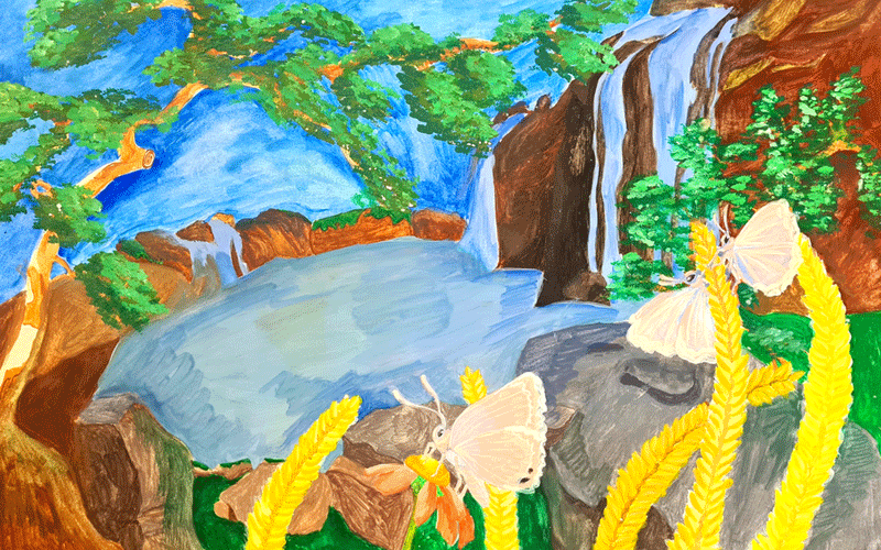 Colorful painting of a lush landscape: a turquoise lake with a waterfall, cliffs, green trees, and tall yellow grasses in the foreground, with white moths perched on them.