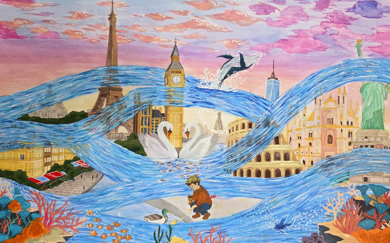 Whimsical collage of famous landmarks swirled by blue waves, with swans and a child on a small boat.
