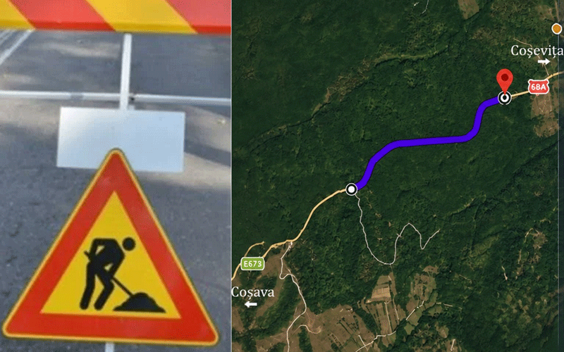 Left: road work warning sign; right: satellite map showing a purple route from a circular waypoint to a red pin near Coşevița.