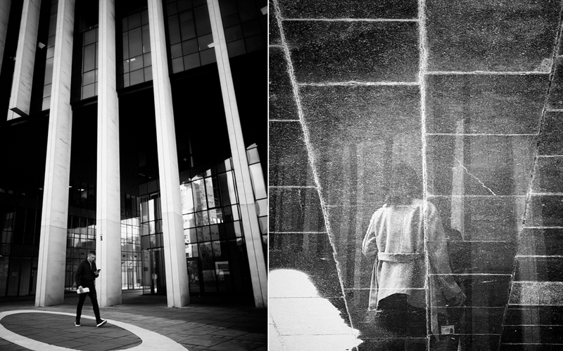 expozitie-carturesti2 - Sursa de Vest Diptych: left, a man walks beside a modern columned building; right, a person reflected in a paneled glass wall.