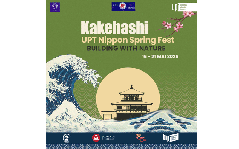 Poster for Kakehashi: UPT Nippon Spring Fest—Building with Nature, 16–21 May 2026, featuring a stylized ocean wave, a pagoda silhouette against a yellow sun, and sponsor logos along the bottom.