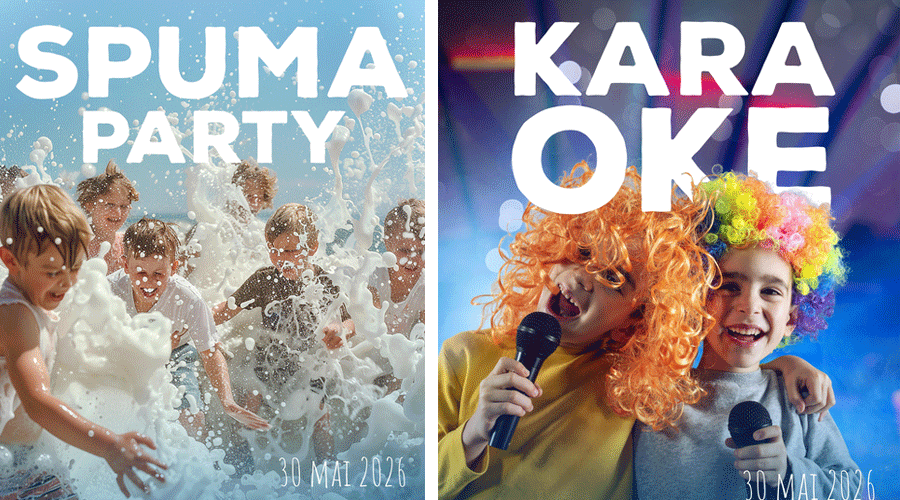 Poster for Spuma Party: children playing in foam outdoors, with the title 'SPUMA PARTY' and date '30 MAI 2026'.