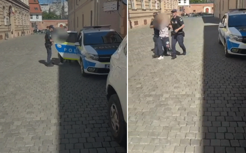 Two-panel image showing a police officer detaining a blurred person beside a blue-and-white patrol car on a cobblestone street, with a sedan nearby.