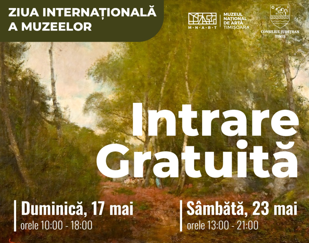 image - Sursa de Vest Poster announcing International Museums Day in Romanian with 'Intrare Gratuită' and event dates; scenic forest scene in the background and logos on the top right.