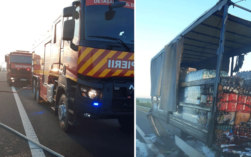 Emergency fire trucks on a highway with a hose, responding to an incident on the road (split image). Central focus on the front fire engine with blue lights.