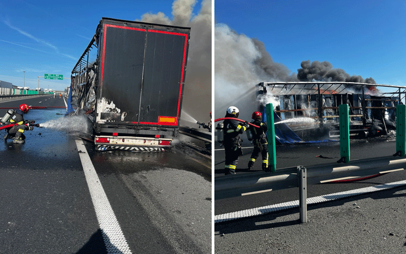 incendiu-tir - Sursa de Vest Truck on a highway catching fire; firefighters spray water as smoke rises from a damaged trailer (split view of incident).