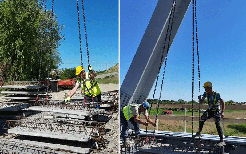 Construction site collage: left panel shows a worker in a yellow helmet and vest guiding stacked steel beams; right panel shows two workers securing a large steel girder to a crane.